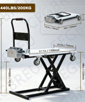 Electric Hydraulic Lift Table Cart Featuring Plug And Play One Touch Operation With Slick Retractable Scissor Frame For Smooth Cargo Hauling, 440 lbs, shown with dimensions.