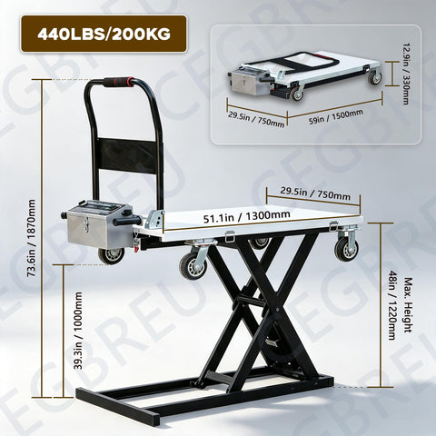 Electric Hydraulic Lift Table Cart Featuring Plug And Play One Touch Operation With Slick Retractable Scissor Frame For Smooth Cargo Hauling, 440 lbs, shown with dimensions.