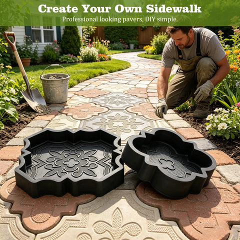 Two Pack Heavy Duty Rubber Concrete Paver Molds For Stepping Stones Walkways And Patios shown on a garden path installation
