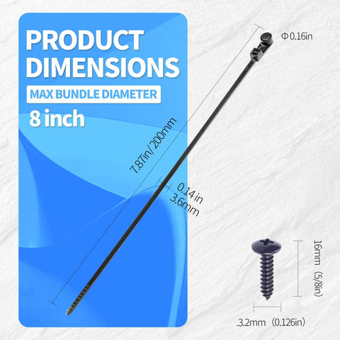 8 Inch Mountable Cable Zip Ties Kit With 200 Screws dimensions, showing 8-inch length cable tie and screw size