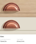 10 Pack 3 Inch Vintage Cup Pulls Antique Copper Cabinet Hardware for Kitchen and Furniture, shown in size comparison, front view.