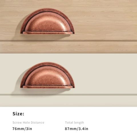10 Pack 3 Inch Vintage Cup Pulls Antique Copper Cabinet Hardware for Kitchen and Furniture, shown in size comparison, front view.