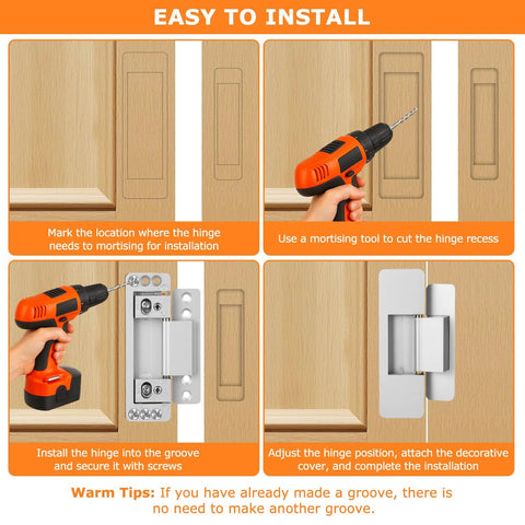Installation guide for Hidden Door Hinges 2 Pack Adjustable Concealed Hinges Load Bearing 110 Lbs Heavy Duty Pivot Hinge 110 Degree