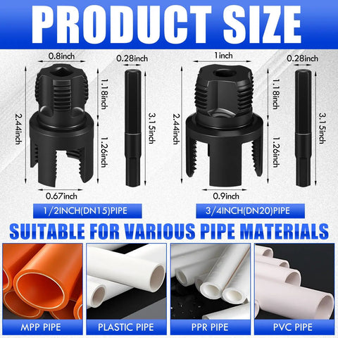 Lanties 2 Pcs Pipe Threader Kit For Fast Diy Plumbing Repairs And Irrigation Setups showing sizes and compatibility with various pipe materials.
