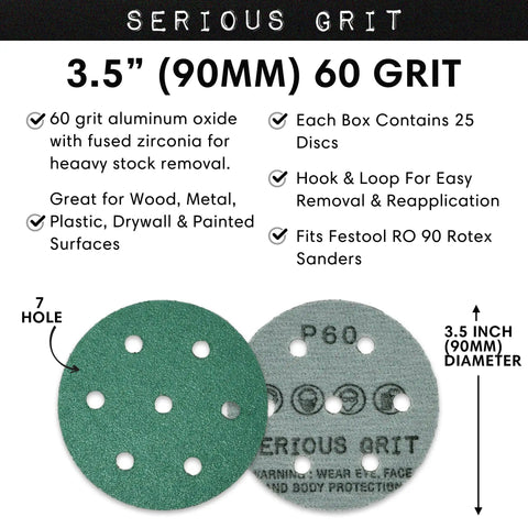 Beefy 3.5 Inch 7 Hole 60 Grit Sanding Discs For Festool Rotex RO 90 90mm Random Orbital Sander Heavy Duty Hook And Loop
