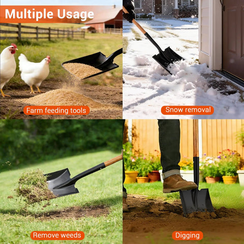 41 Inch Square Shovel With Hardwood Handle And D Grip used for farm feeding, snow removal, weed removal, and digging tasks.