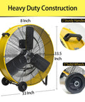 Top Shelf 30 Inch High Velocity Drum Fan Delivers Rock Solid 13300 CFM Cooling with 8 inch blades and sturdy handles.