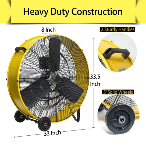 Top Shelf 30 Inch High Velocity Drum Fan Delivers Rock Solid 13300 CFM Cooling with 8 inch blades and sturdy handles.