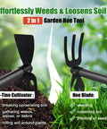 Two-In-One Garden Hoe Tool with Cultivator Rake and 45-Inch Handle for No-Fuss Weeding and Soil Prep, shown breaking soil