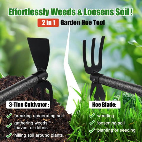 Two-In-One Garden Hoe Tool with Cultivator Rake and 45-Inch Handle for No-Fuss Weeding and Soil Prep, shown breaking soil