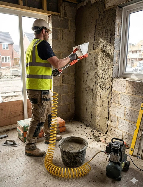 Heavy Duty Pneumatic Mortar Sprayer With Four Jet Plaster Hopper Gun And Tough Alloy Tank for slick stucco coating in use.