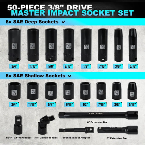 Image of 50 Piece 3/8 Inch Drive Socket Set With Both SAE And Metric, 6 Point Deep And Shallow Sockets, includes extension bars, adapter.