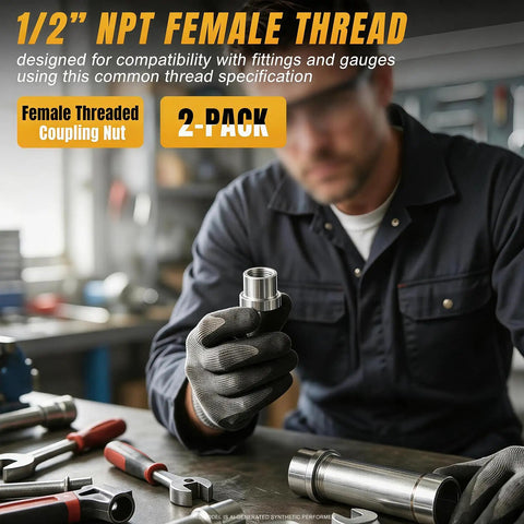 Heavy Duty Steel Weld On Bung With Half Inch Npt Female Thread And Stepped Flange For No Sweat Tack Welds And Dang Solid Gas Tank Fixes Or Shop Fab Work Two Pack in use with tools.