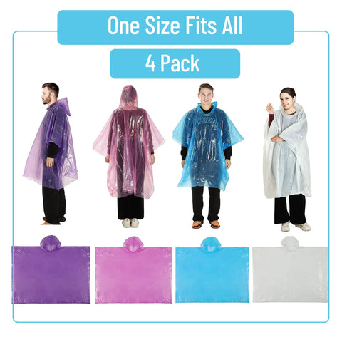 Four Pack Disposable Rain Ponchos With Hood For Adults Clear See Through Emergency Rain Gear Lightweight in purple, blue, and clear.