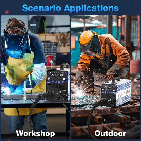 Versatile 8-in-1 multiprocess welder used in workshop and outdoor settings showcasing welding performance with safety gear.