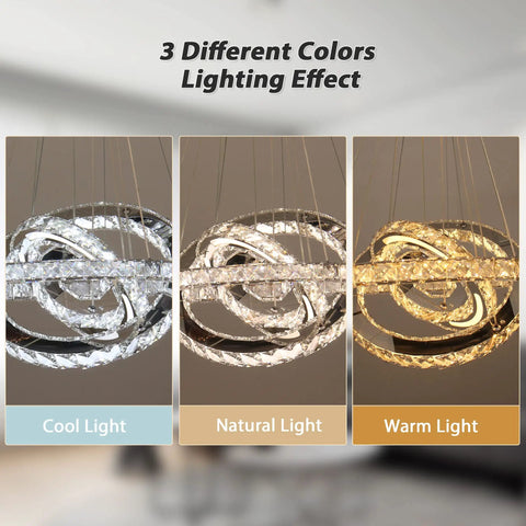 Dope Four Ring LED Crystal Chandelier Modern Flush Mount Ceiling Light showing cool, neutral, warm lighting variations