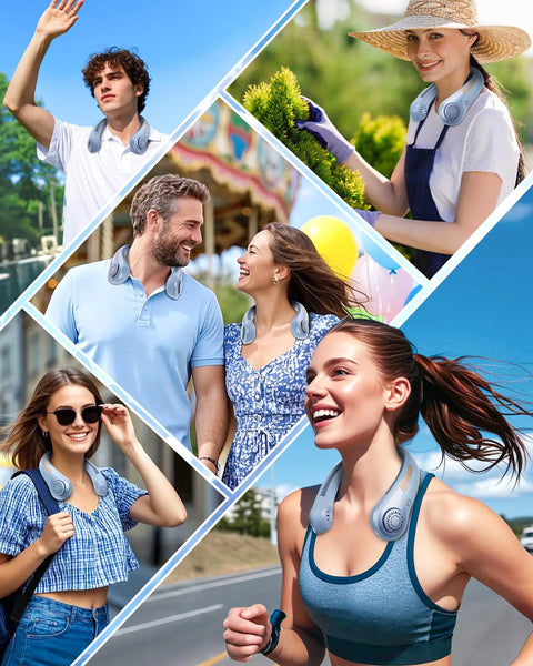 People using Portable Neck Fan Rechargeable Personal Cooling Gadget With 5000mAh Battery Five Speed Quiet Bladeless Wearable Fan