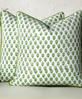 Emerald Green Block Print 18x18 Boho Cotton Throw Pillow Covers Set Of 2 With Hidden Zipper, Cozy Farmhouse Decor Cushions For Living Room And Bedroom, Modern Vintage Pattern, Soft And Durable. front view