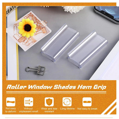 Clear Plastic Hem Grips for Roller Shade Handles, Replacement Blinds Hardware for Windows and RV Rolling Curtains, Easy Install, Durable Pull Down Grip, 8 Piece Set clear plastic roller shade hem grips shown with clips