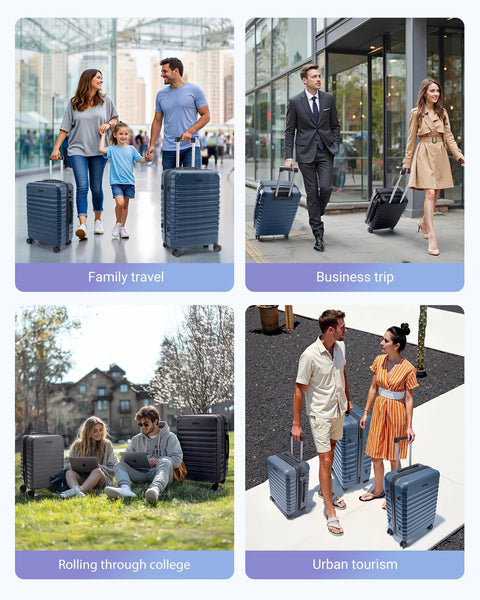 Amazon Light Flight 3-piece blue hard-shell luggage set with spinner wheels (20/24/28 in) for family travel.