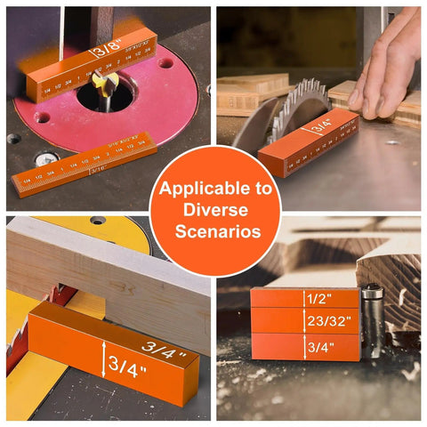 Setup Blocks 15 Pcs Aluminum Precision Height Gauge Set For Router And Table Saw Woodworking Setup Accessories Fast Accurate Blade Height Dado Depths Pro Grade Durable Anodized Aluminum Bars Orange with 15 orange anodized blocks, various size markings visible in woodworking scenarios.