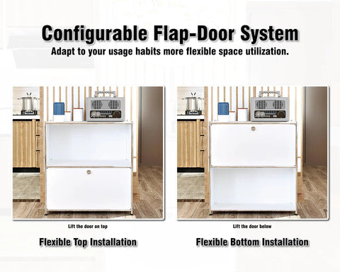 32.5 Inch Flip Top Side Table With Wheels Versatile Storage Buffet Cabinet DIY Corner Bookshelf Wall Shelf Cube Organizer Bedside Table Modern White Home Decor For Living Room Or Bedroom showcases flap-door system with flexible installation options in kitchen setting.