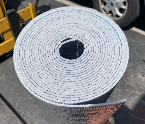 Reflective Insulation Roll With 3mm Foam Core Shield, 16 Inch By 25 Ft Radiant Barrier And Vapor Barrier, roll close-up outdoors
