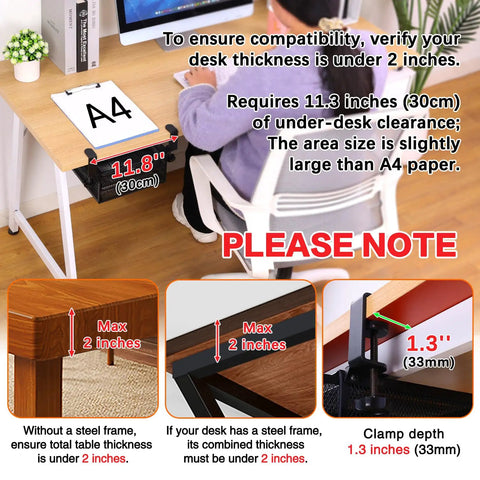 Compatibility guide for under desk and desktop drawer organizer with 2 tier metal slide out drawers in black for home office setup.