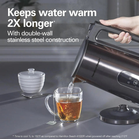 Digital Temperature Control Electric Tea Kettle 1.7L Fast Boil 1500W With 5 Presets Keep Warm BPA Free Double Wall Stainless Steel Cordless Black pouring hot water into a glass mug