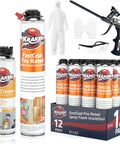 Heavy Duty Closed Cell Spray Foam Insulation Kit With Class A Fire Rating And Solid R Value Heat Blocking Ready For Tough DIY Garage And Attic Upgrades Includes Go Getter Applicator Gun With Easy Wash Solvent In A Knockout Twelve Pack Bundle showing 12 cans, applicator gun, foam cleaner, and protective gear.