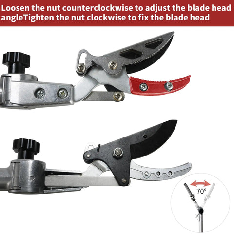 Pivoting blade head detail on Extendable Pruner With Rotating Blade Head For The Yard, Lightweight Aluminum Pole Reaches 3.67 To 5.45 Feet To Cut Branches Up To One Inch, Tilt Adjustable Head, Fruit Picker Included, A Solid Garden Workhorse.