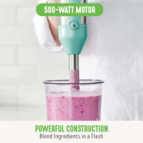 No Sweat 500 Watt Immersion Hand Blender With Knockout Stainless Steel Blades and Whisk Attachment blending pink smoothie in glass.