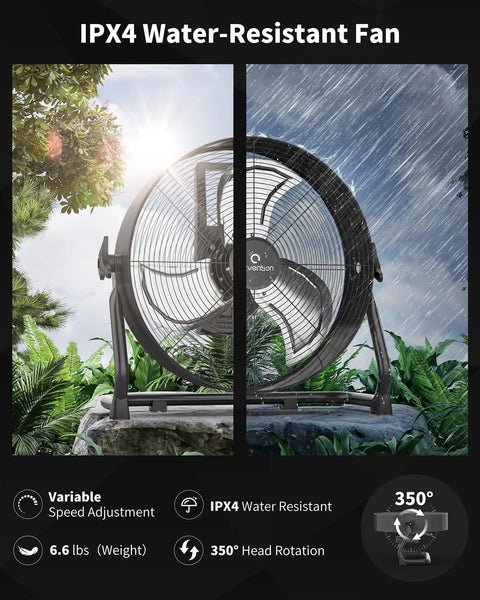 Battery Powered Floor Fan With 15600mAh Rechargeable Battery, 12 Inch Black High Velocity Drum Fan outdoors in rain