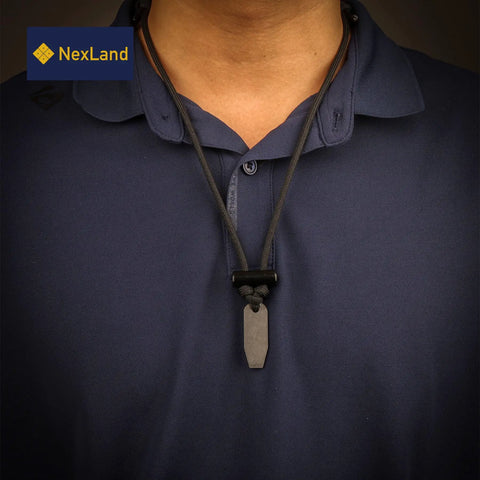 Person wearing Ceramic Striker Fire Starter Necklace With Ferro Rod Toggle And Paracord All In One Bushcraft Emergency Fire Starter Kit.