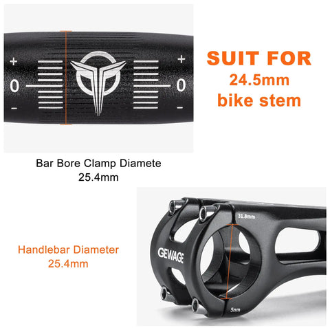 Close-up of 620mm Aluminum Mountain Bike Handlebar 25.4 Clamp, showing clamp diameter and stem compatibility illustration.