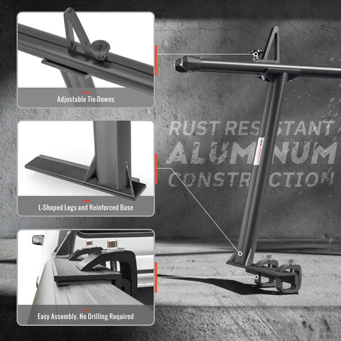 Extendable Aluminum Ladder Rack for Full Size Pickup Trucks No Drilling Required 71 Inch Wide 28 Inch High Sandy Black Finish Universal Fit Heavy Duty Construction Quick Install With Nylon End Caps And Stainless Steel Hook adjustable tie-downs and reinforced base