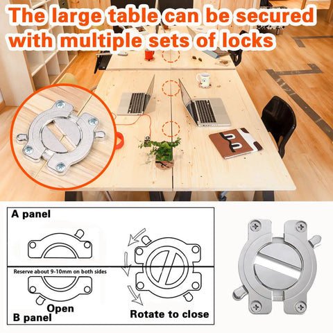 Top Shelf Rock Solid 2 Pack Table Buckle Connectors Heavy Duty Zinc Alloy Wood Joining Hardware With 8 Mounting Screws shown on a large wooden table.