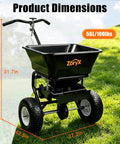 Heavy Duty Walk Behind Broadcast Spreader With 100 Pound Hopper And 13 Inch All Terrain Tires on grass
