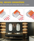 Five Port Lever Wire Connector Six Pack High Capacity Quick Connect Terminal For Led Strip And Under Cabinet Lighting in a modern bathroom.