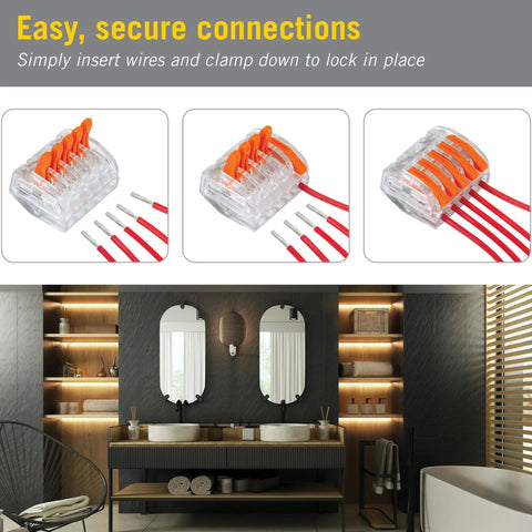 Five Port Lever Wire Connector Six Pack High Capacity Quick Connect Terminal For Led Strip And Under Cabinet Lighting in a modern bathroom.