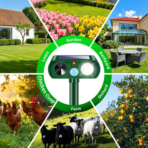 2 Pack Solar Ultrasonic Deer Repellent With Motion Sensor And Bright LED Strobe To Keep Deer Squirrels Raccoons Skunks Cats And Other Critters Off Your Yard IP65 Waterproof Outdoor Deterrent for garden, lawn, orchard, farm, and coop
