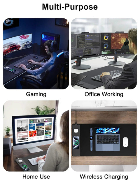 Mega Sized XXL 31.5 Inch By 15.75 Inch Wireless Charging Desk Pad used in gaming, office work, home use, and wireless charging setups.