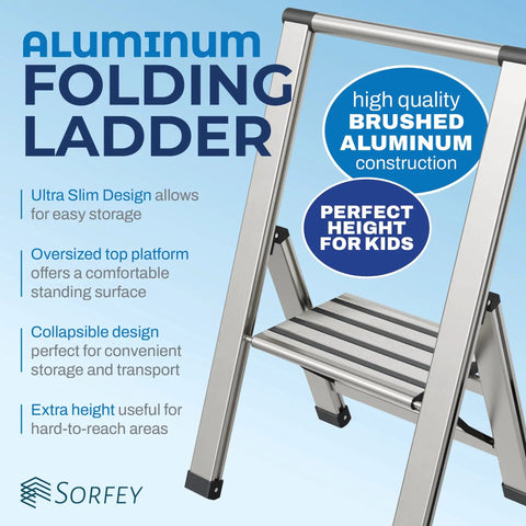 One Step Folding Aluminum Ladder Lightweight Ultra Slim Profile With Anti Slip Steps Portable For Home Office Kitchen And Photography Use Dope For Cleaning Painting And DIY Projects, brushed aluminum steps
