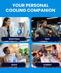 "Blue Steel Portable Desk Fan With 360 Degree Oscillation, Dope Active Cooling Technology And Cooling Plate, Cordless And Rechargeable USB Powered, Ideal For Home Office Travel And Outdoor Camping" in various settings like workplace, gym, home, and outdoor.