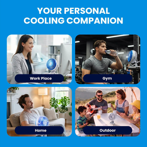 "Blue Steel Portable Desk Fan With 360 Degree Oscillation, Dope Active Cooling Technology And Cooling Plate, Cordless And Rechargeable USB Powered, Ideal For Home Office Travel And Outdoor Camping" in various settings like workplace, gym, home, and outdoor.