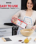 Woman using Round 9 Inch Banneton Proofing Basket Starter Kit With Lame Dough Scraper Linen Liner And Basting Brush.