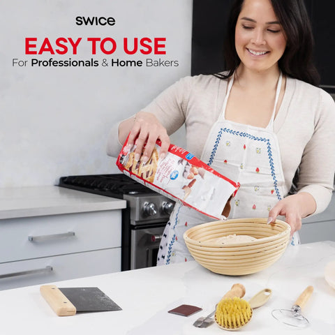 Woman using Round 9 Inch Banneton Proofing Basket Starter Kit With Lame Dough Scraper Linen Liner And Basting Brush.