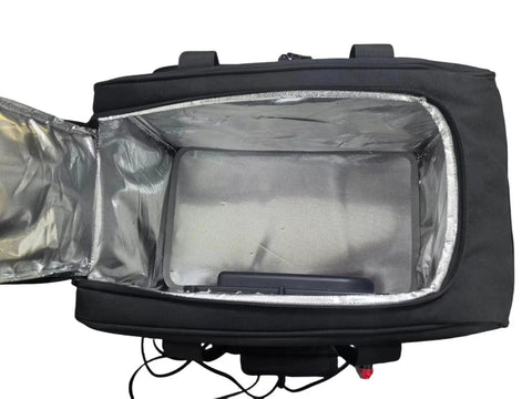 Interior view of the 12V Plug In Electric Car Cooler Bag, 25 Liter Portable Beverage Fridge in black with insulated lining.