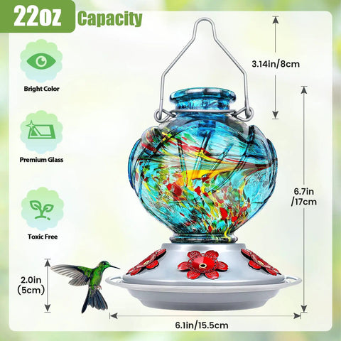 Front view of Hand Blown Glass Hummingbird Feeder For Outdoors Hanging With Bee Proof Ports And Ant Moat 360 Degree Perch Leak Proof 22oz Blue Peony