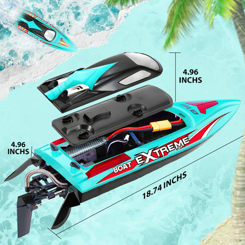 18 Inch Brushless RC Boat For Lakes And Pools Big Fast Remote Control Speed Boat Up To 55 KMH With 2500mAh Battery Waterproof Design Kid And Adult Friendly HJ816 Green with internal components and size dimensions displayed